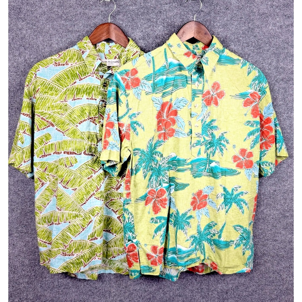 Tori Richard Men's Hawaiian Shirts Lot of 2 Both Size M Green Floral Palm Leaf